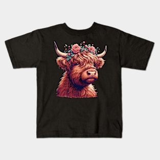 Funny highland cow with flower crown Kids T-Shirt